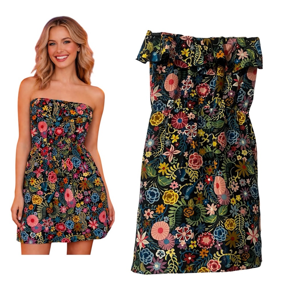 Amanda Uprichard Strapless Ruffle Dress Floral Birds Silk size XS